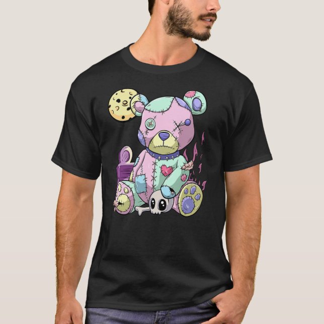 Kawaii Pink Pastel Goth Cute Creepy Teddy Bear Ani T-Shirt (Front)