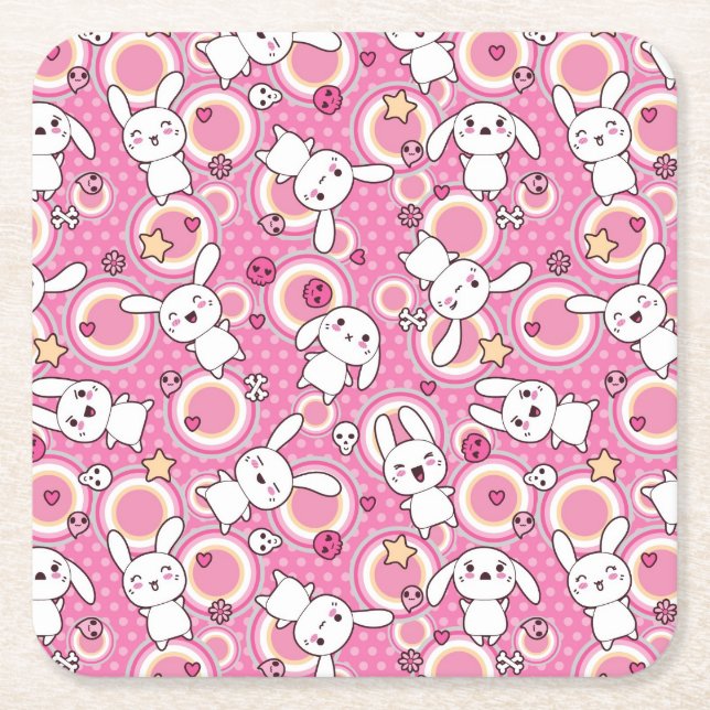 kawaii pink pattern square paper coaster (Front)