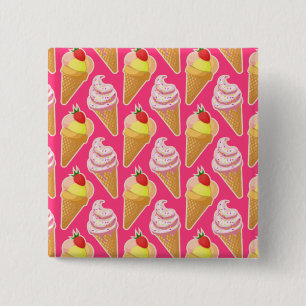 Kawaii pink pattern with strawberry ice cream  15 cm square badge