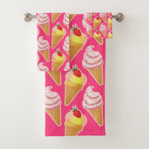 Kawaii pink pattern with strawberry ice cream bath towel set