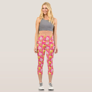 Kawaii pink pattern with strawberry ice cream capri leggings