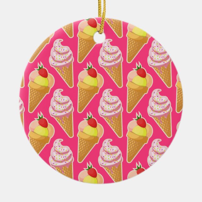 Kawaii pink pattern with strawberry ice cream  ceramic tree decoration (Front)