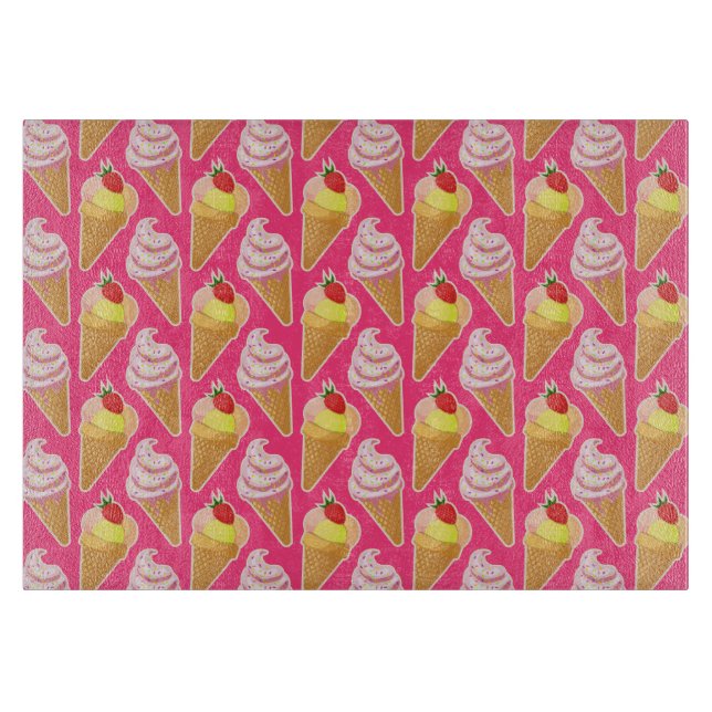 Kawaii pink pattern with strawberry ice cream  cutting board (Front)