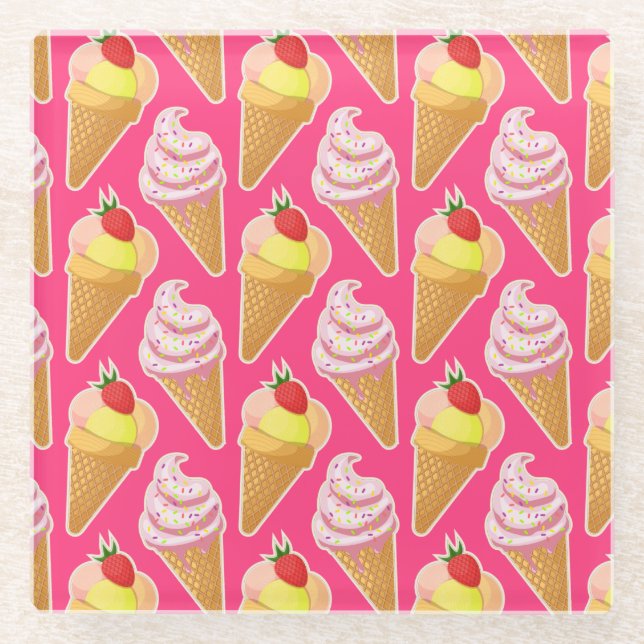 Kawaii pink pattern with strawberry ice cream  glass coaster (Front)