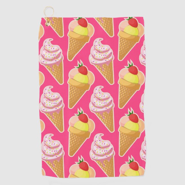 Kawaii pink pattern with strawberry ice cream golf towel (Front)