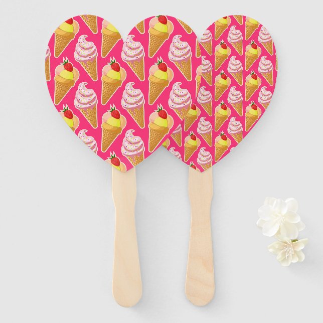 Kawaii pink pattern with strawberry ice cream  hand fan (Front and Back)
