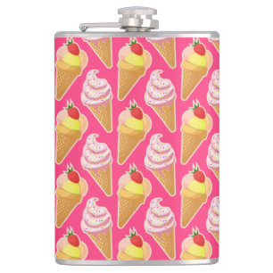 Kawaii pink pattern with strawberry ice cream hip flask