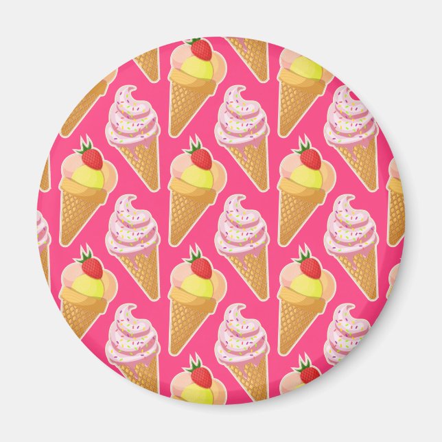 Kawaii pink pattern with strawberry ice cream magnet (Front)