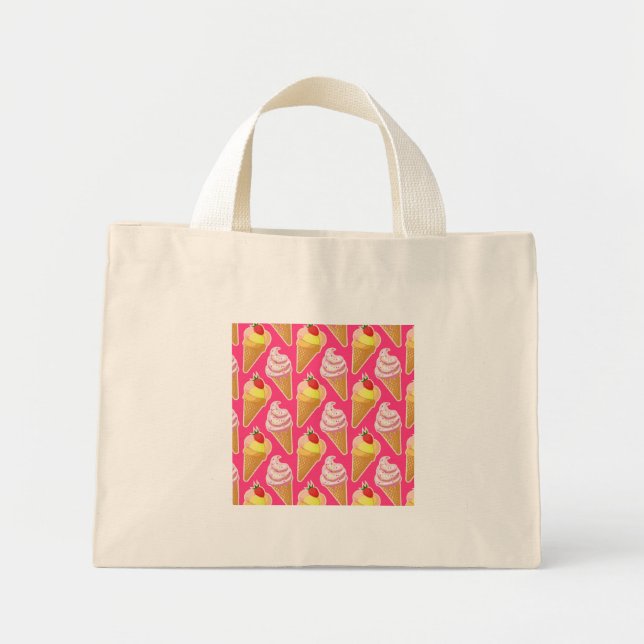 Kawaii pink pattern with strawberry ice cream  mini tote bag (Front)