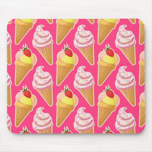 Kawaii pink pattern with strawberry ice cream mouse mat (Front)