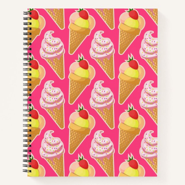 Kawaii pink pattern with strawberry ice cream notebook (Front)