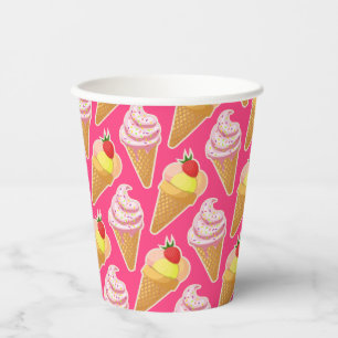 Kawaii pink pattern with strawberry ice cream paper cups