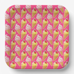 Kawaii pink pattern with strawberry ice cream paper plate