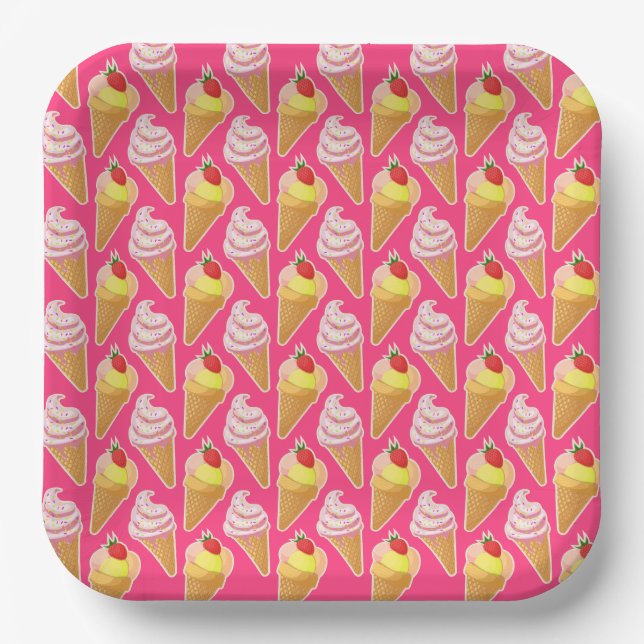 Kawaii pink pattern with strawberry ice cream  paper plate (Front)