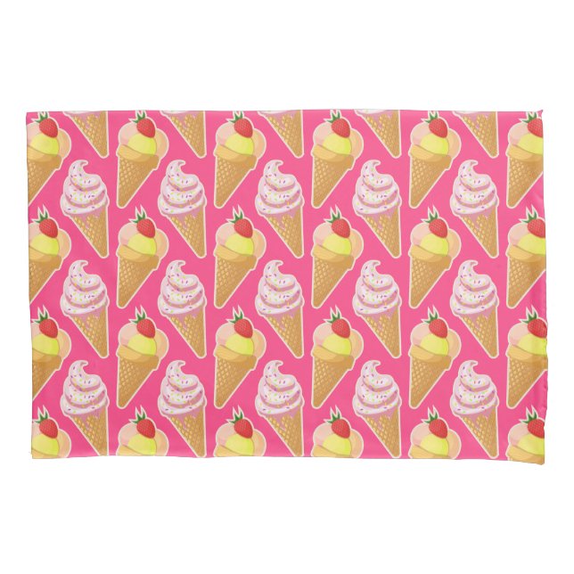 Kawaii pink pattern with strawberry ice cream pillowcase (Front)