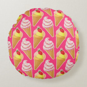 Kawaii pink pattern with strawberry ice cream  round cushion