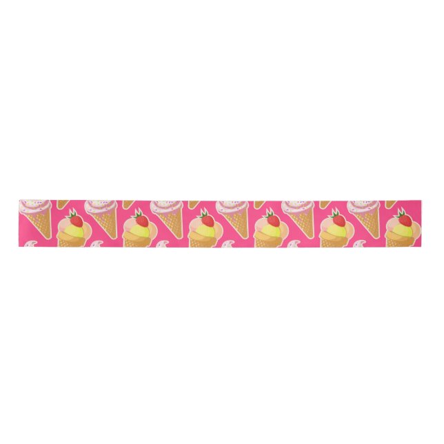 Kawaii pink pattern with strawberry ice cream  satin ribbon (Front)