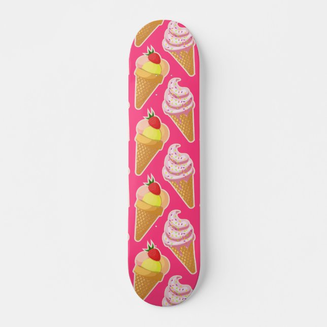 Kawaii pink pattern with strawberry ice cream skateboard (Front)