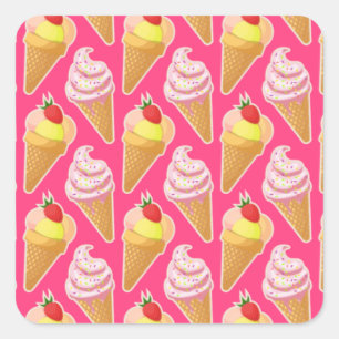 Kawaii pink pattern with strawberry ice cream square sticker