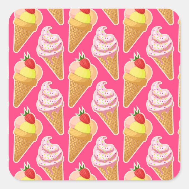Kawaii pink pattern with strawberry ice cream square sticker (Front)