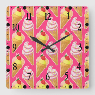 Kawaii pink pattern with strawberry ice cream square wall clock