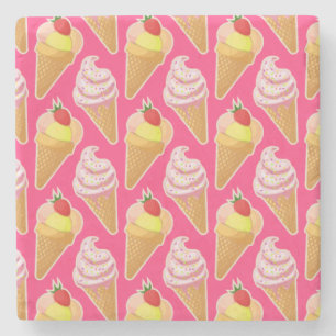 Kawaii pink pattern with strawberry ice cream stone coaster