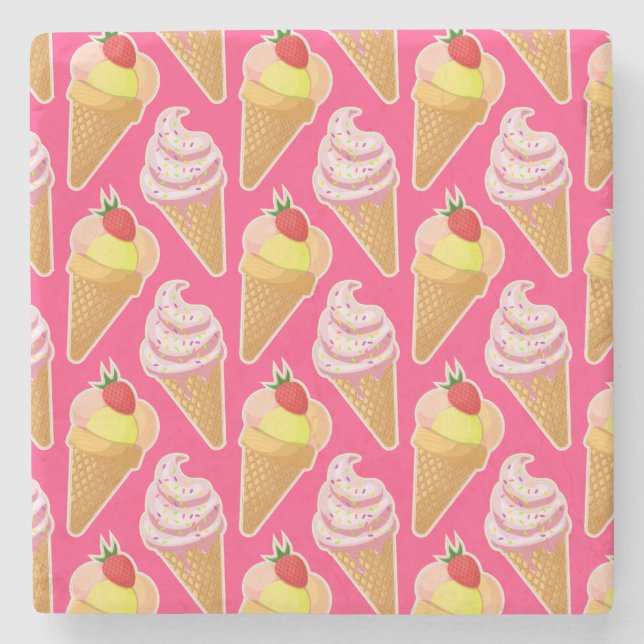 Kawaii pink pattern with strawberry ice cream  stone coaster (Front)