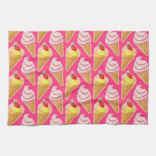Kawaii pink pattern with strawberry ice cream tea towel