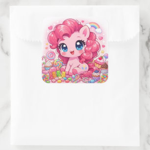 Kawaii Pink Pony Chibi Art – Sweet Candy & Cupcake Square Sticker