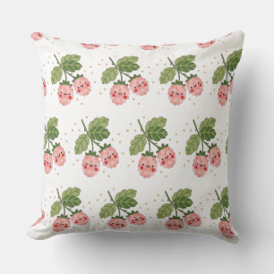 Kawaii Pink Raspberry Throw Pillow Cute Smiling