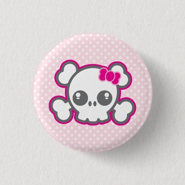 Kawaii Pink Ribbon Skull Button (Front)
