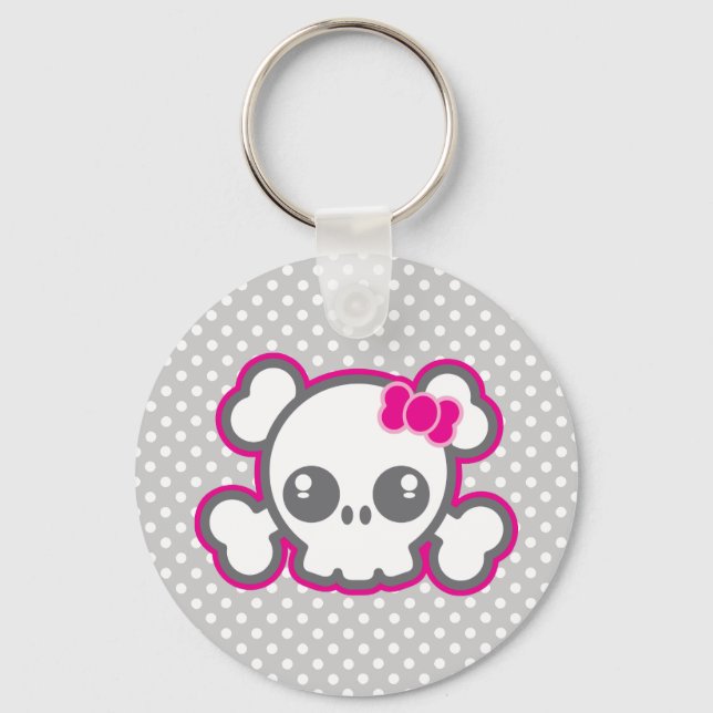 Kawaii Pink Ribbon Skull Keychain (Front)