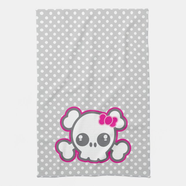 Kawaii Pink Ribbon Skull Kitchen Towel (Vertical)