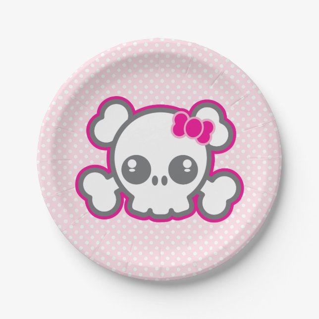 Kawaii Pink Ribbon Skull Paper Plates (Front)