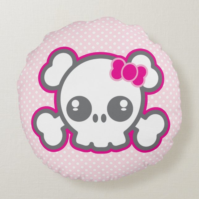 Kawaii Pink Ribbon Skull Round Pillow (Back)