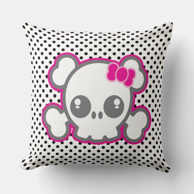 Kawaii Pink Ribbon Skull Throw Pillow (Front)