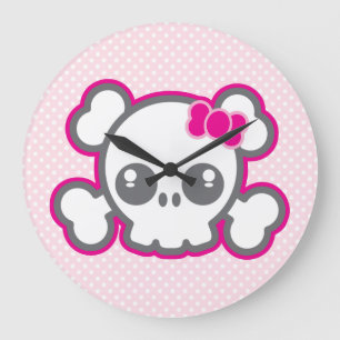 Kawaii Pink Ribbon Skull Wall Clock