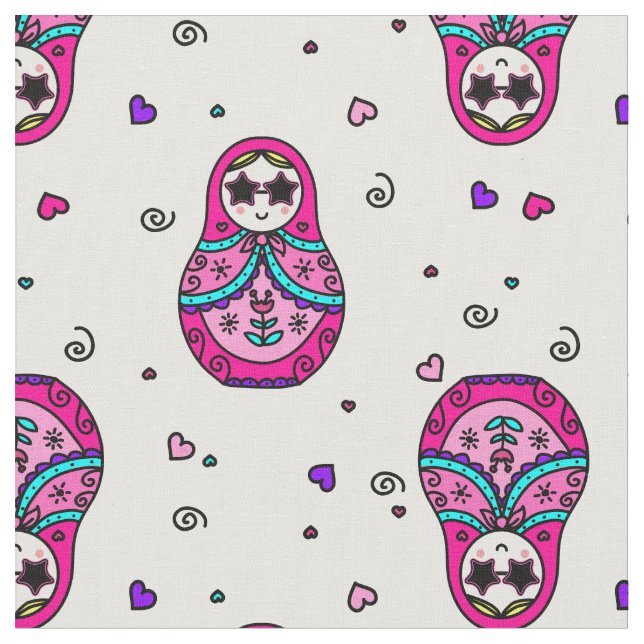 kawaii pink Russian Doll Fabric (Close Up)