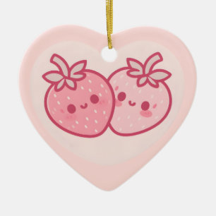 Kawaii Pink Valentines Strawberries Ceramic Tree Decoration