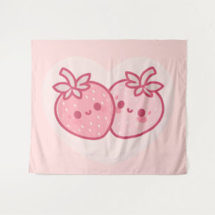 Kawaii Pink Valentines Strawberries Tapestry