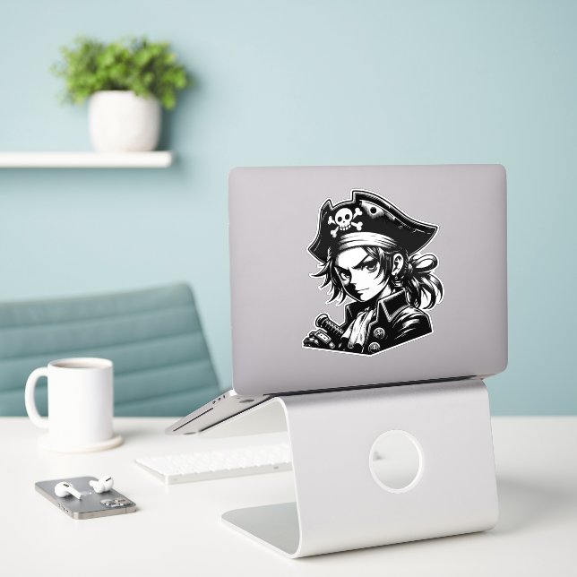 Kawaii Pirate Sticker – Cute Design (Laptop On Desk)