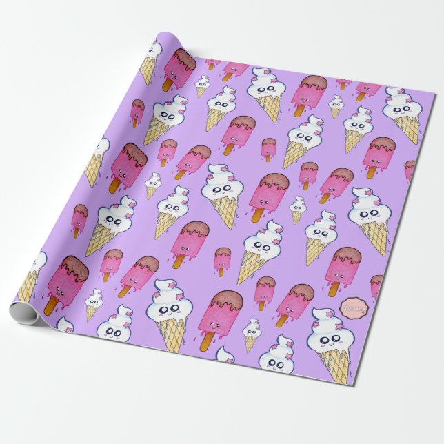 Kawaii Popsicle Ice Cream Cone Wrapping Paper (Unrolled)