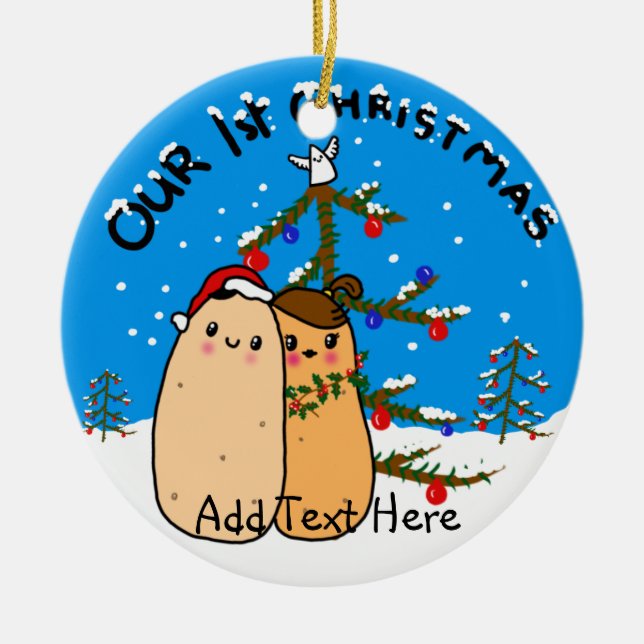 Kawaii Potato Couple First Christmas personalized Ceramic Tree Decoration (Front)