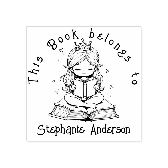 Kawaii Princess Book Reading Crown Hearts Library Rubber Stamp (Imprint)