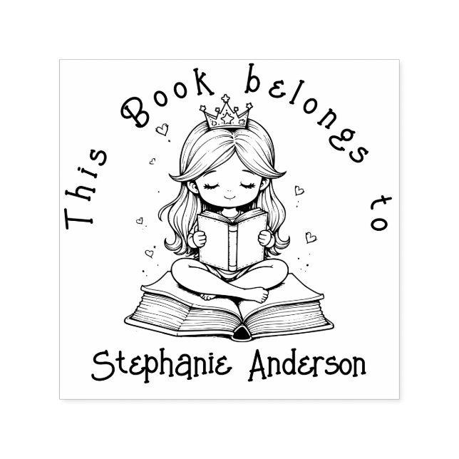 Kawaii Princess Book Reading Crown Hearts Library Self-inking Stamp (Design)