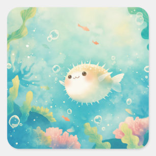 Kawaii Pufferfish Watercolor Under the Sea Nursery Square Sticker
