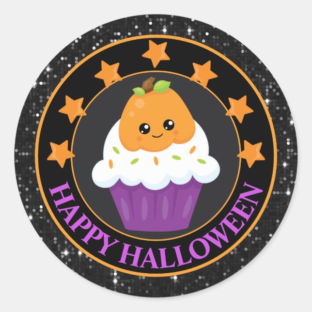 Kawaii Pumpkin Halloween Cupcake Classic Round Sticker (Front)
