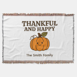 Kawaii Pumpkin Thankful & Happy Family Name Throw Blanket