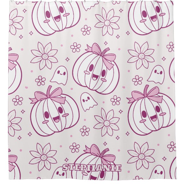 Kawaii Pumpkins, Ghosts & Flowers Shower Curtain (Front)