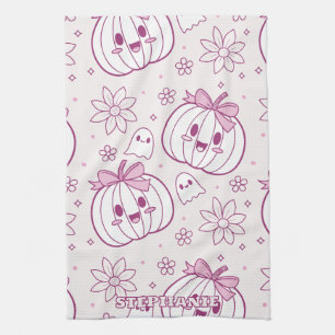 Kawaii Pumpkins, Ghosts & Flowers Tea Towel